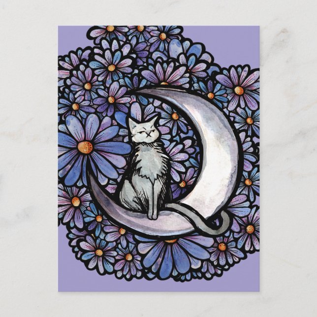 Carte Postale Luna Moon Cat Purple Daisy                         (Devant)