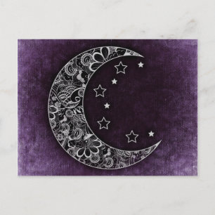 Carte Postale Lune à croissant floral d'or et étoiles sur violet