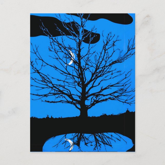 Carte Postale Lune avec arbre, Bleu Cobalt, Noir et Blanc (Devant)