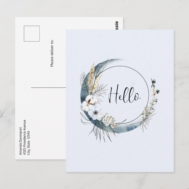 Carte Postale Lune de croissant bleu avec fleurs blanches (Devant / Derrière)