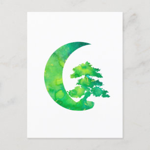 Carte Postale Lune de croissant de jade verte et arbre de bonsaï