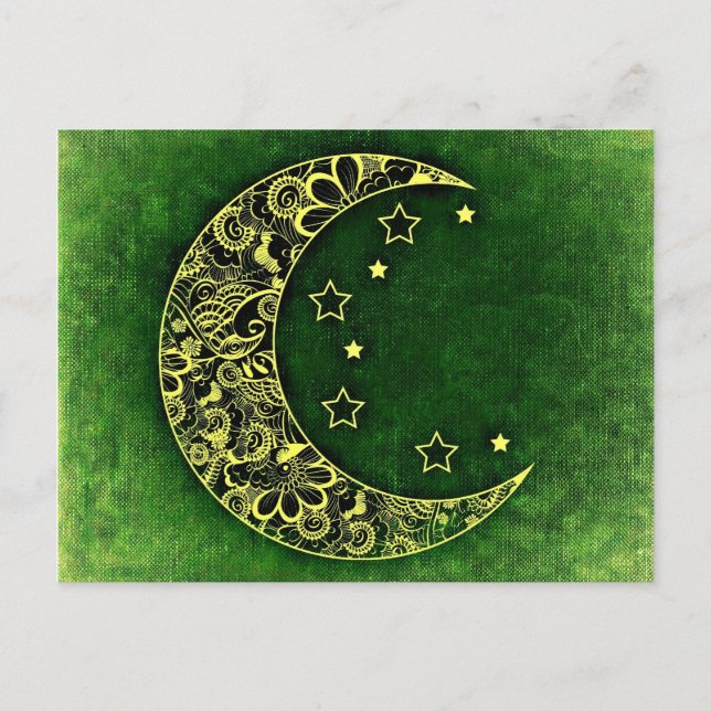 Carte Postale Lune de croissant floral d'or et étoiles sur vert (Devant)