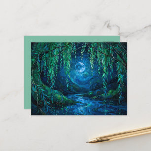 Carte Postale Lune de Saule Rivière Coulante Nuit Verte Bleue