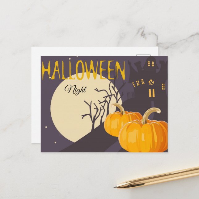 Carte Postale Lune d'Halloween Éffrayante vintage et Citrouille  (Devant/Arrière en situation)