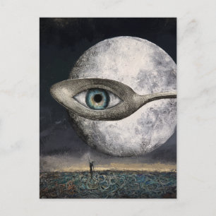Carte Postale Lune et cuillère surréalistes avec collage d'oeil