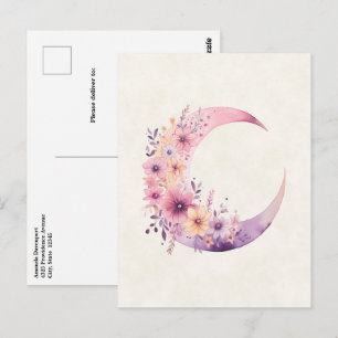 Carte Postale Lune rose Croissant avec de jolies fleurs