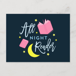 Carte Postale Lune Stars et livres roses Tous Lecteur de Nuit