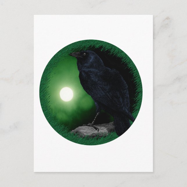 Carte Postale Lune verte Corbeau noir Goth Halloween Animal (Devant)
