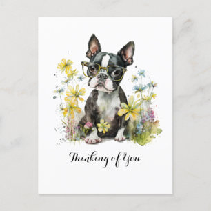 Carte Postale Lunettes de Boston Terrier Floral Pensée pour toi