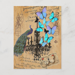 Carte Postale lustre vintage moderne paon bleu papillon