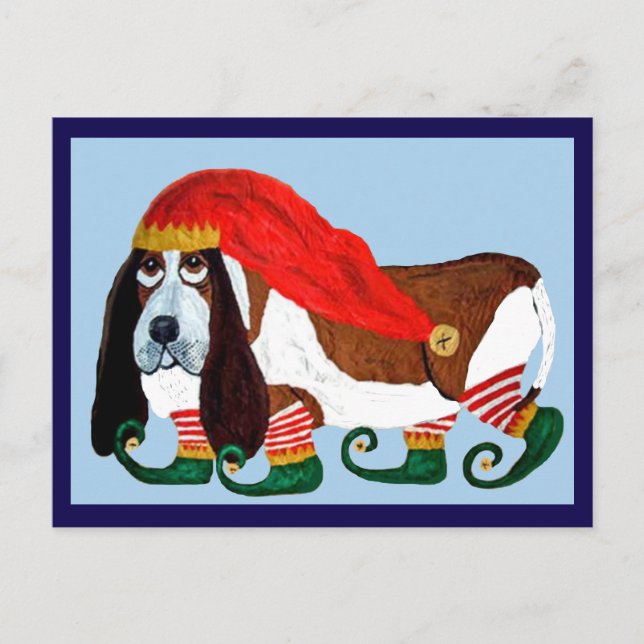 Carte Postale Lutin Basset Hound de Noël (Devant)