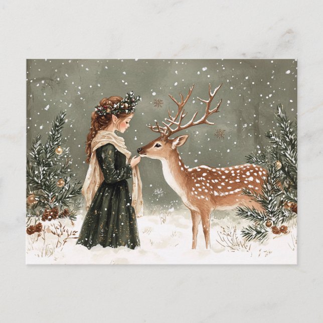 Carte Postale Lutin de Noël et cerf d'hiver (Devant)