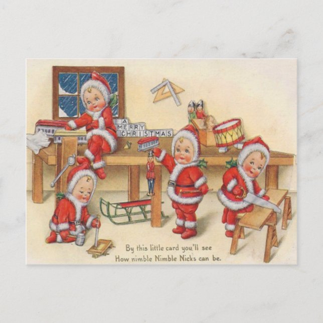 Carte Postale Lutins fabriquant des jouets (Devant)