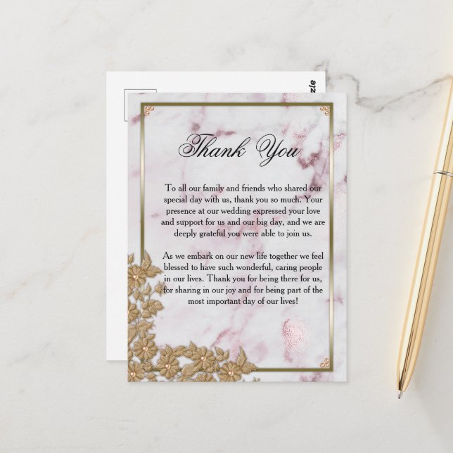 Carte Postale Luxe Mariage en marbre rose et perles (Devant/Arrière en situation)