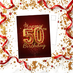 Carte Postale Luxueux Or et Rouge Bijou 50e Anniversaire
