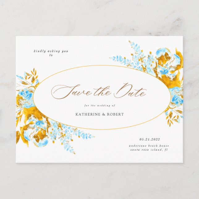 Carte Postale luxueux or turquoise floral enregistrer la date po (Devant)