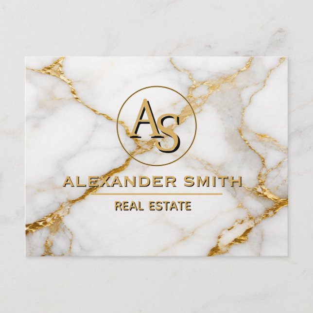 Carte Postale Luxury White Marble Gold Monogram Real Estate  (Devant)