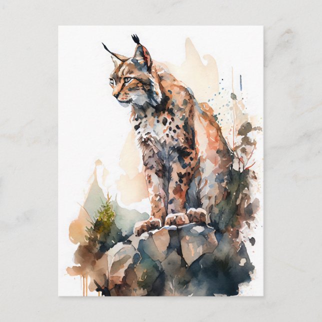 Carte Postale Lynx à l'aquarelle assis sur des rochers (Devant)