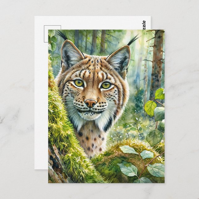 Carte Postale Lynx dans l'aquarelle de la forêt verte luxuriante (Devant / Derrière)