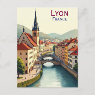 Carte Postale Lyon France Art illustration de voyage vintage
