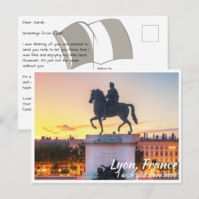 Carte Postale Lyon France avec Statue (Devant / Derrière)