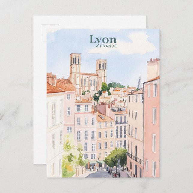 Carte Postale Lyon France Gouache Illustration Voyage (Devant / Derrière)
