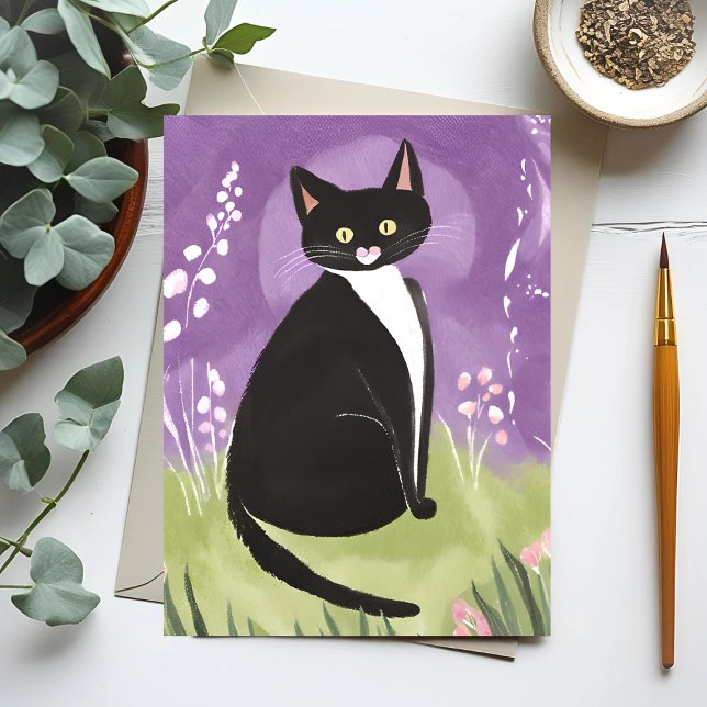 Carte Postale M. Chonk | Chat Tuxedo Aquarelle Violette (Créateur téléchargé)