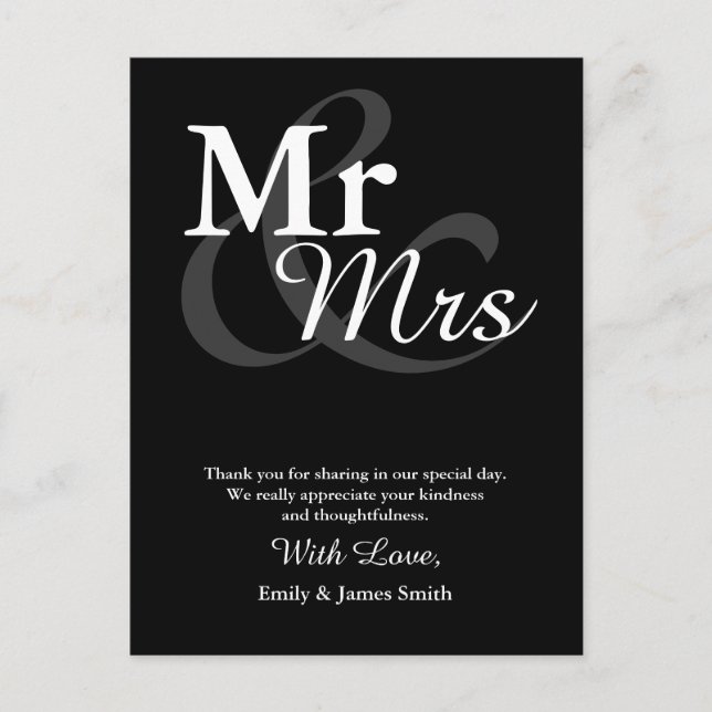 Carte Postale M&Mme Simple Elegant Typographie Mariage Merci (Devant)