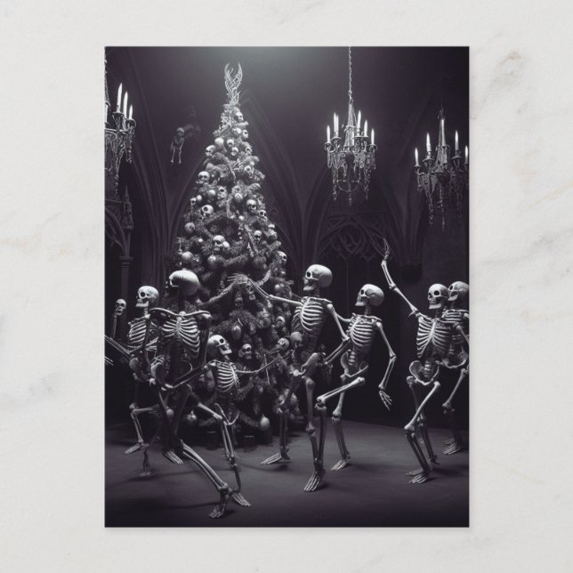 Carte Postale macabre danse Noël Skeletons autour de l'arbre (Devant)