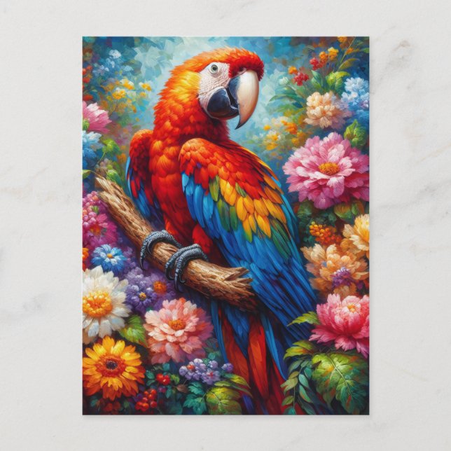 Carte Postale Macaw aux fleurs colorées (Devant)