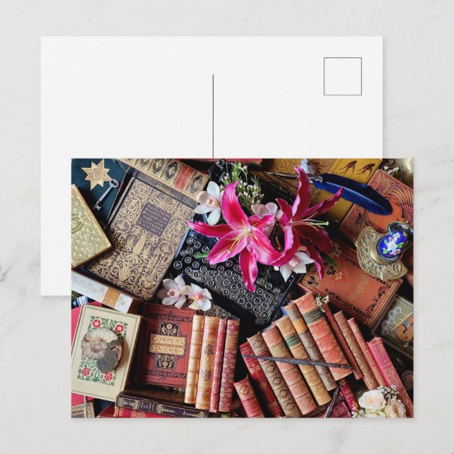 Carte Postale Machine à écrire vintage et livres anciens (Devant / Derrière)