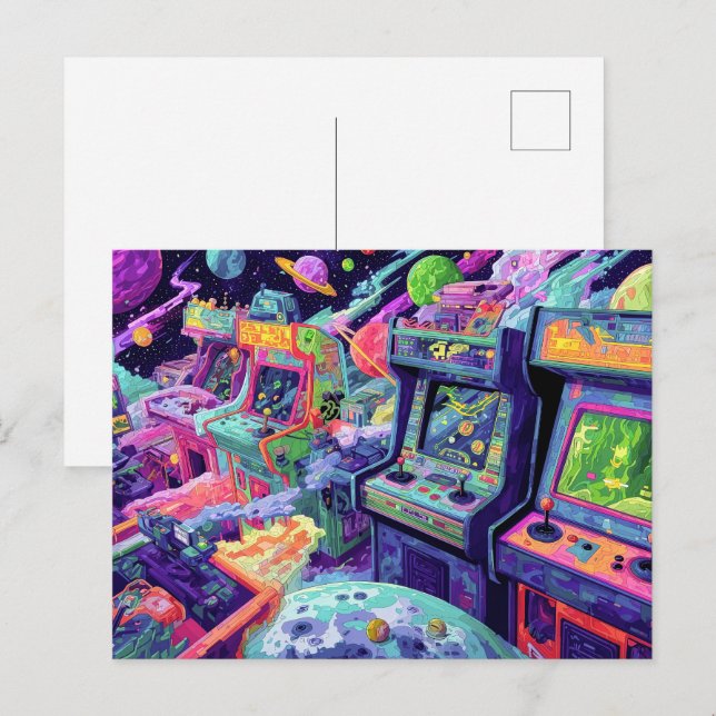 Carte Postale Machines de jeux vidéo rétro dans l'espace (Devant / Derrière)