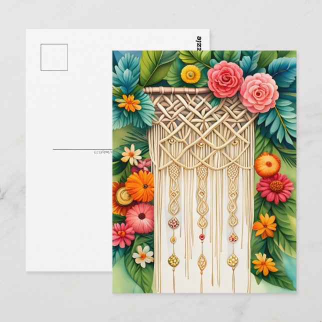 Carte Postale Macrame avec fleurs, Croisement (Devant / Derrière)