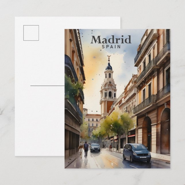 Carte Postale Madrid Espagne Aquarelle Peinture Voyage (Devant / Derrière)