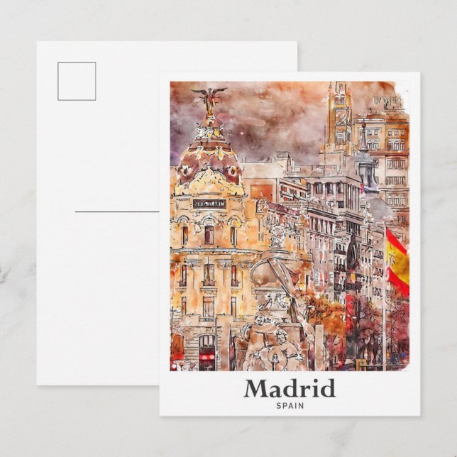 Carte Postale Madrid Espagne Art Voyage Aquarelle main tirée (Devant / Derrière)