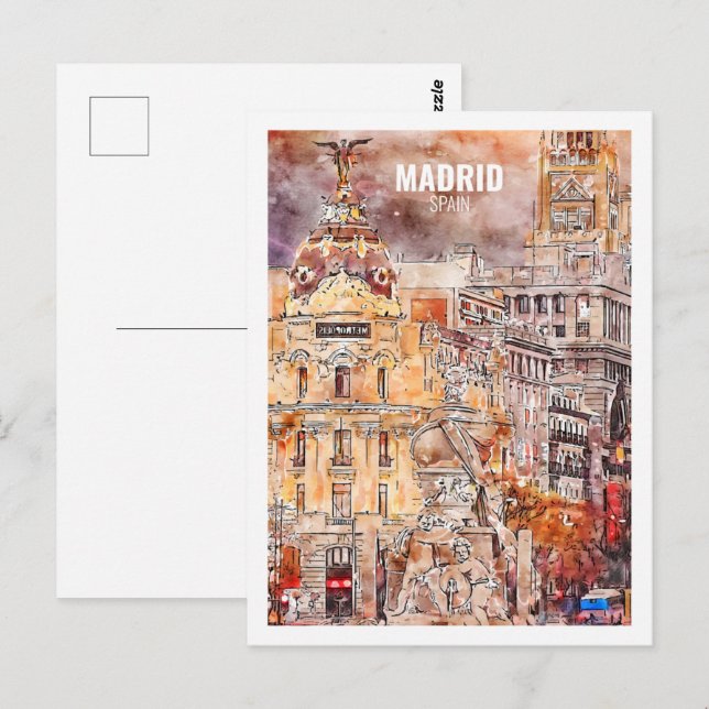Carte Postale Madrid Espagne Fameux Travel Place Watercolor croq (Devant / Derrière)