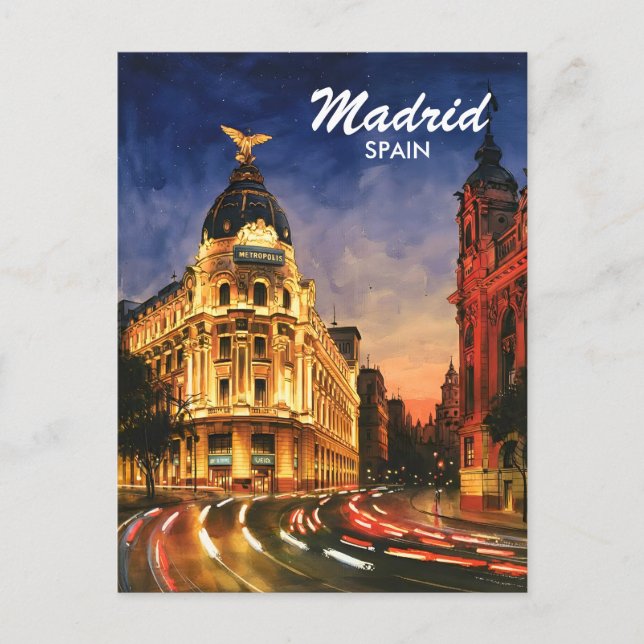 Carte Postale Madrid Spain Gran Via Night Watercolor Cityscape (Devant)