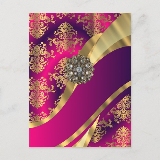 Carte Postale Magenta rose chaud et damas or (Devant)