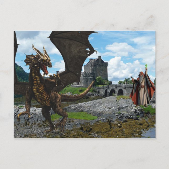 Carte Postale Magicien mystique et paysage du château de Dragon (Devant)