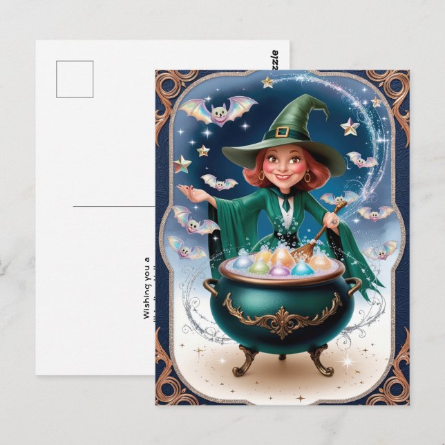 Carte Postale Magique Halloween sorcière avec Cauldron Enchanter (Devant / Derrière)