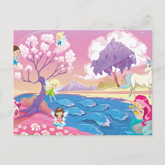 Carte Postale Magique Riverbank avec Fairies Unicorn et Mermaid (Devant)