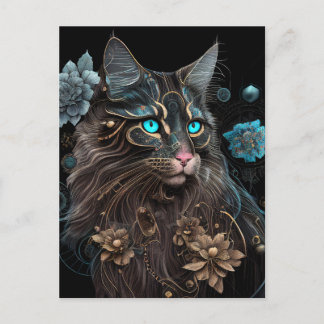 Carte Postale Magique steampunk Maine Coon chat et fleurs IA art