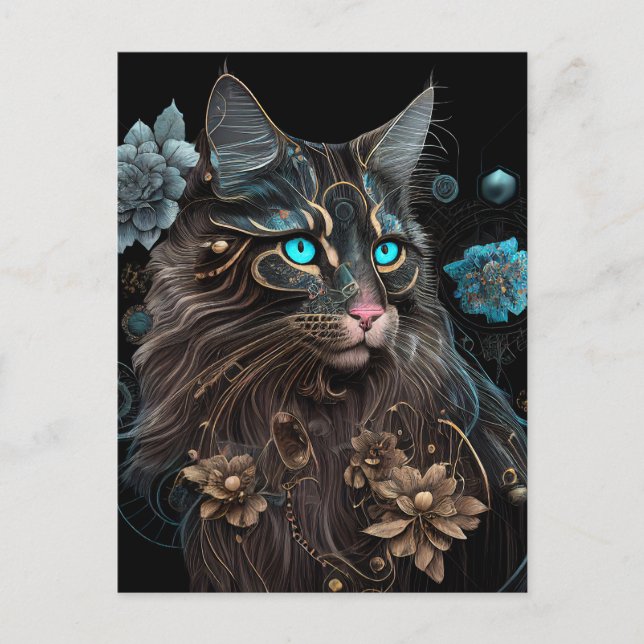 Carte Postale Magique steampunk Maine Coon chat et fleurs IA art (Devant)
