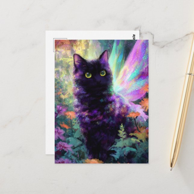 Carte Postale Magnifique chat noir avec des ailes de fée (Devant/Arrière en situation)