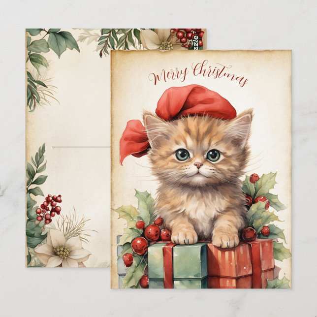 Carte Postale Magnifique chaton de Noël  (Devant / Derrière)