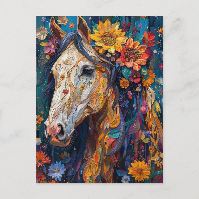 Carte Postale Magnifique cheval avec des fleurs colorées (Devant)