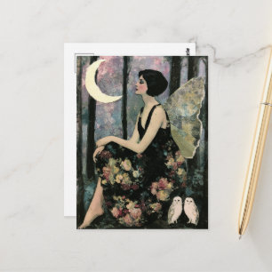 Carte Postale Magnifique Fée Vintage Deux Hiboux Blancs