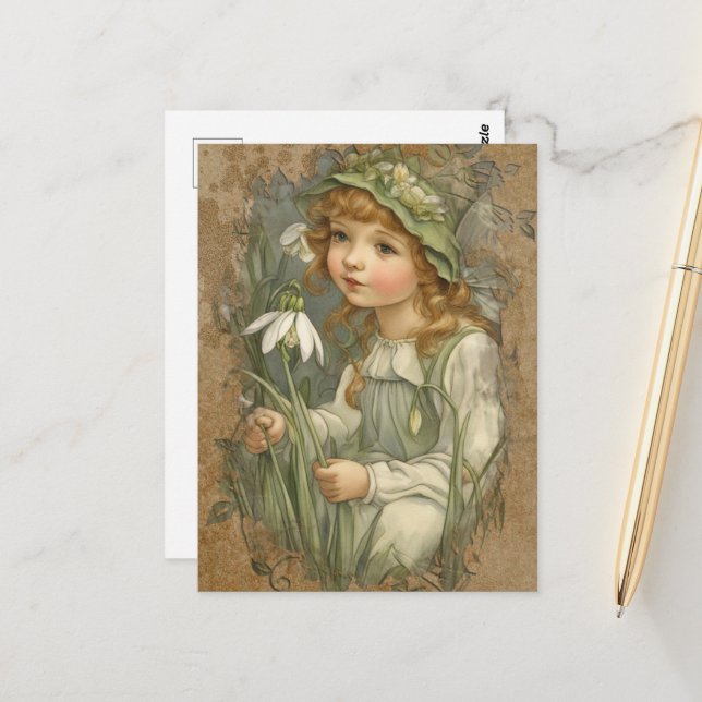 Carte Postale Magnifique fée vintage et fleurs blanches (Devant/Arrière en situation)