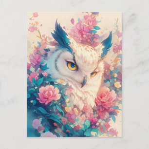 Carte Postale Magnifique Hibou Blanc dans un Jardin de Roses Ros