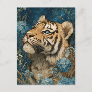 Carte Postale Magnifique Jeune Tigre dans un Jardin Floral Bleu